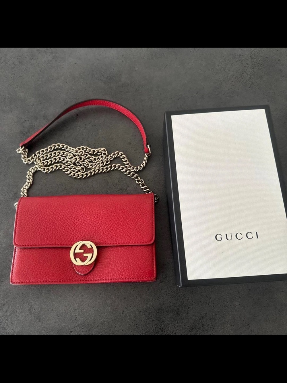 Gucci Red Leather Crossbody with Gold GG Chain